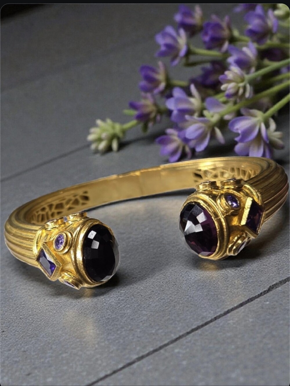 18k Gold Plated Designer Artisan Byzantine Amethyst Crystal Cuff Bangle Bracelet